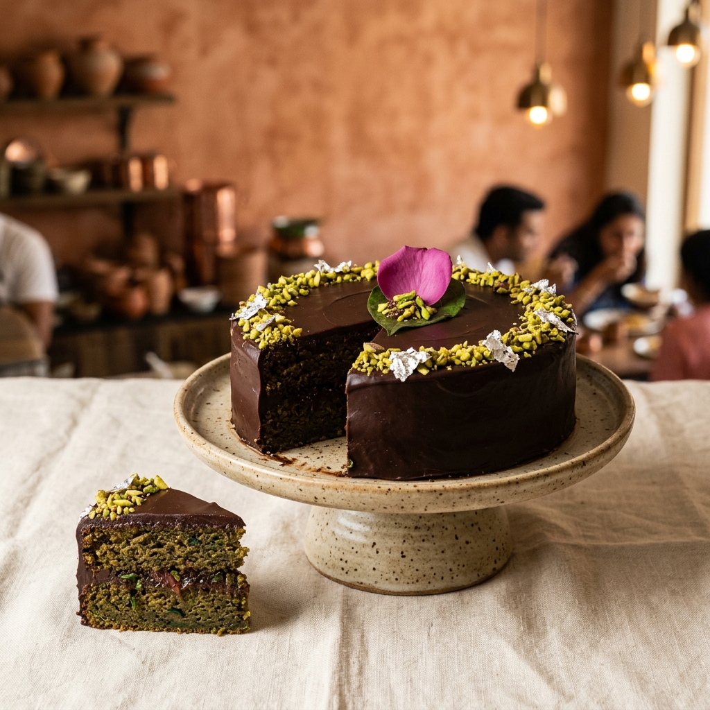 Eggless paan truffle cake on ceramic stand