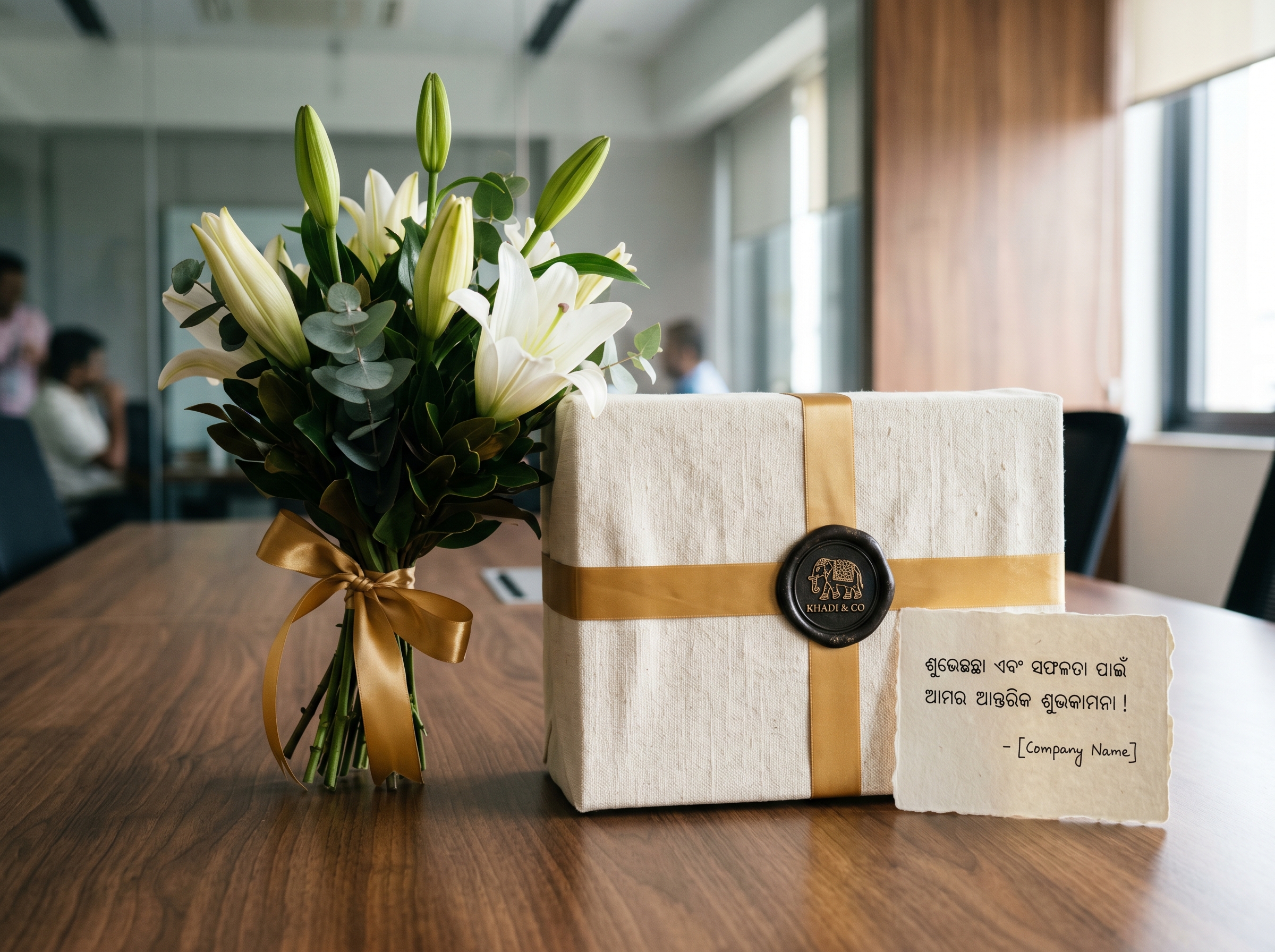 Modern Bhubaneswar corporate gifting setup with pattachitra-wrapped bouquets
