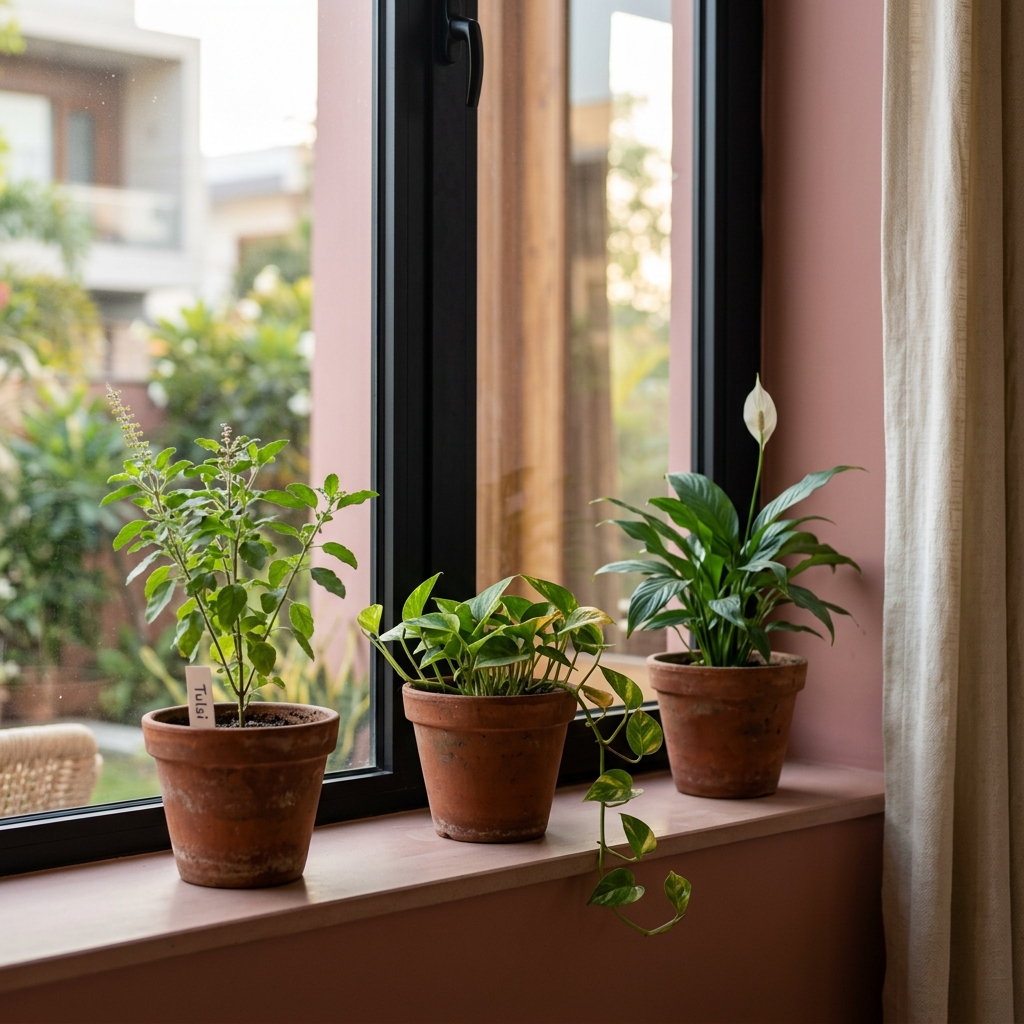 Indoor plants in terracotta pots on a sandstone ledge