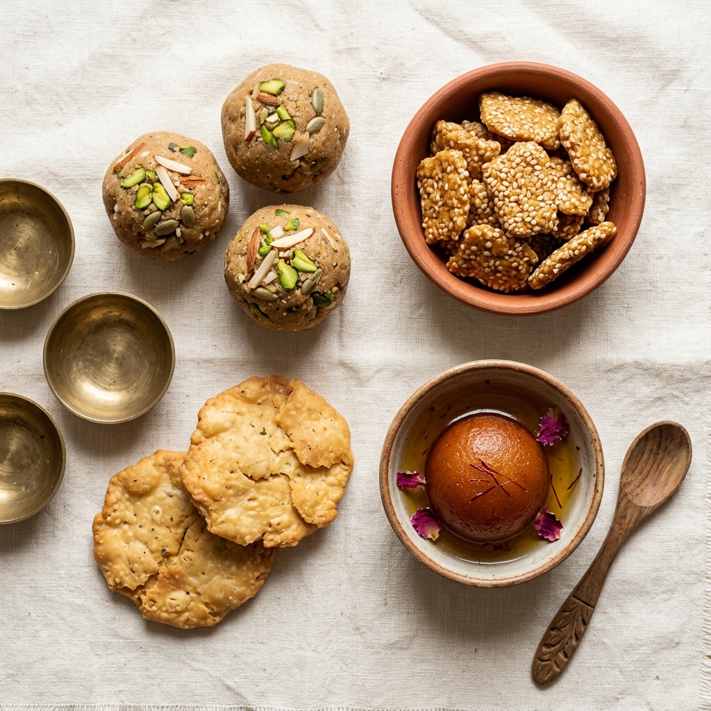 Bhubaneswar pinni, rewari and gulab jamun on cream textile