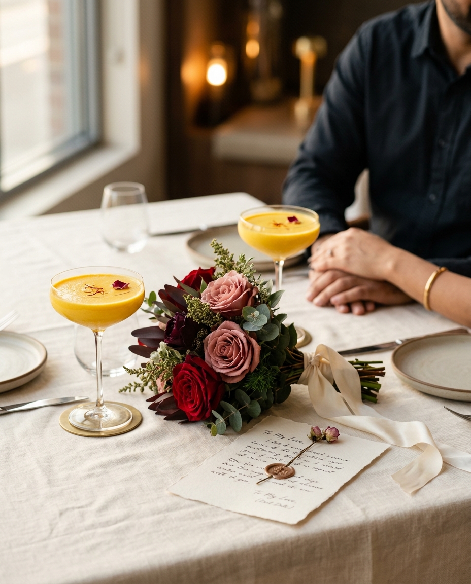 Anniversary lassi flutes, roses and a hand-written letter